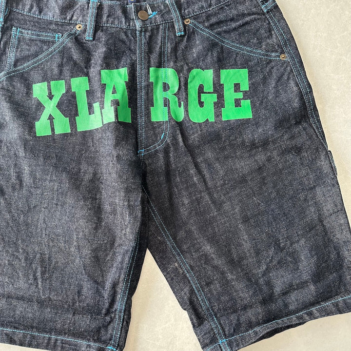 【XLARGE】ロゴプリントショートデニムパンツ ブルー 32 古着 メンズ