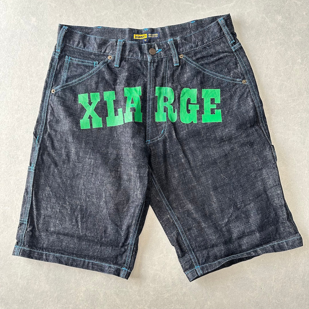 【XLARGE】ロゴプリントショートデニムパンツ ブルー 32 古着 メンズ