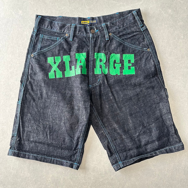 【XLARGE】ロゴプリントショートデニムパンツ ブルー 32 古着 メンズ
