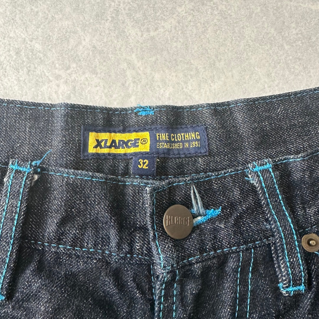【XLARGE】ロゴプリントショートデニムパンツ ブルー 32 古着 メンズ