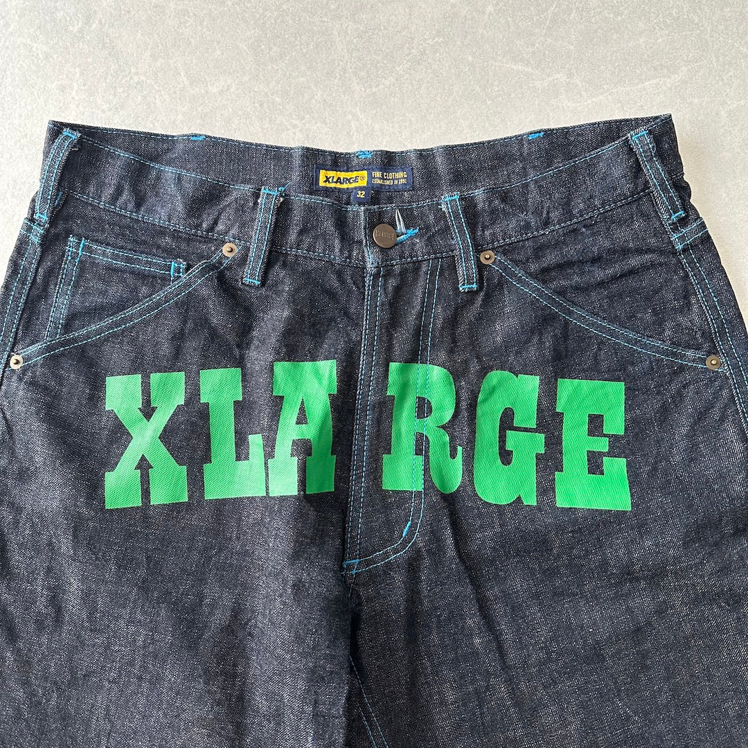 【XLARGE】ロゴプリントショートデニムパンツ ブルー 32 古着 メンズ