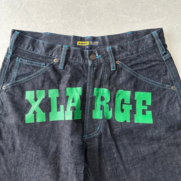 【XLARGE】ロゴプリントショートデニムパンツ ブルー 32 古着 メンズ