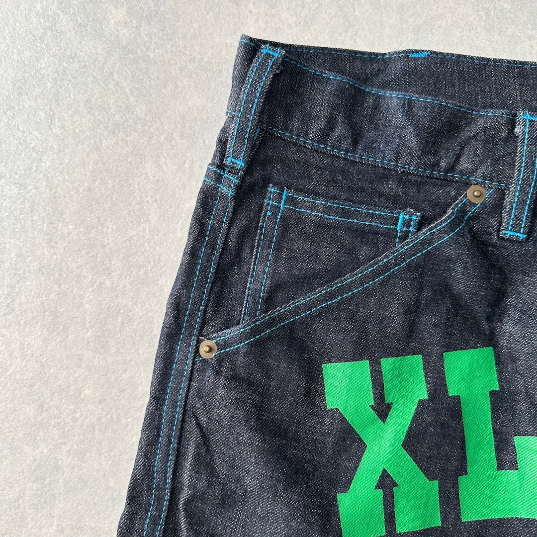【XLARGE】ロゴプリントショートデニムパンツ ブルー 32 古着 メンズ