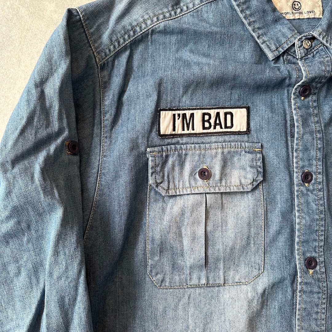 【WORLD WIDE LOVE!】ワッペン刺繍デニムシャツ ブルー 1 古着 メンズ