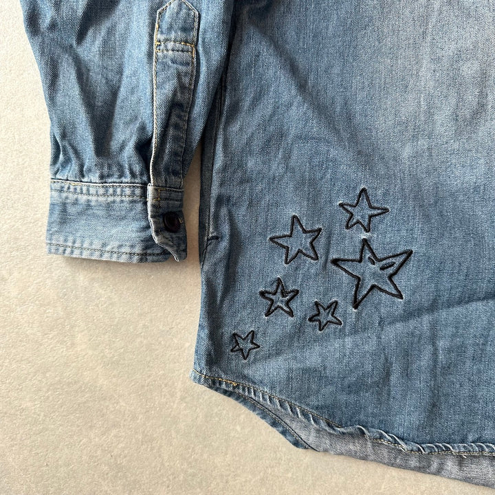 【WORLD WIDE LOVE!】ワッペン刺繍デニムシャツ ブルー 1 古着 メンズ
