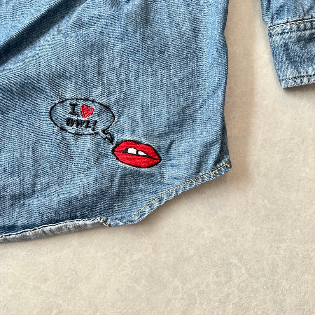 【WORLD WIDE LOVE!】ワッペン刺繍デニムシャツ ブルー 1 古着 メンズ