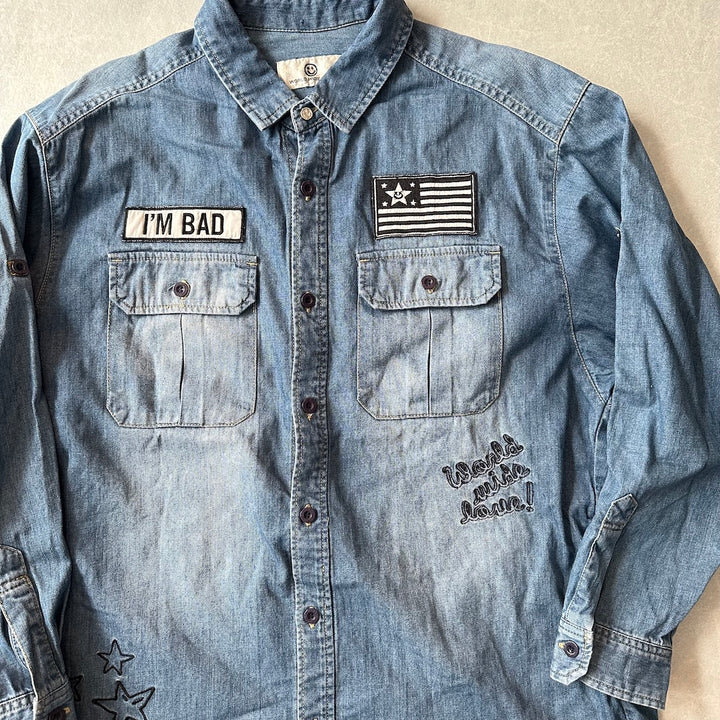 【WORLD WIDE LOVE!】ワッペン刺繍デニムシャツ ブルー 1 古着 メンズ