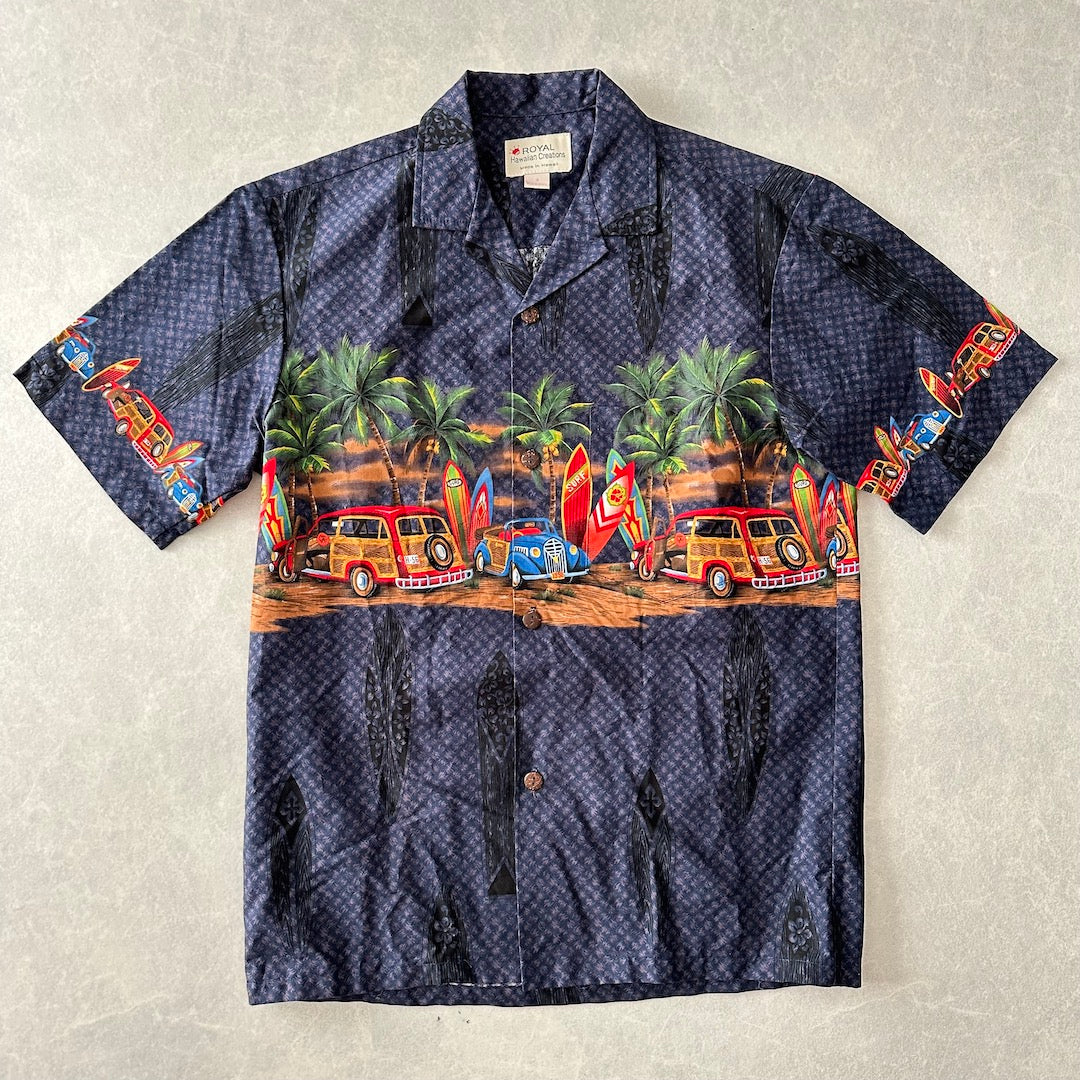 ヴィンテージ風ハワイアンサーフ柄半袖シャツ 総柄 S 古着 メンズ