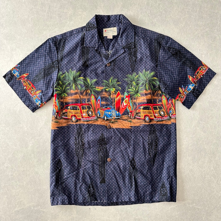 ヴィンテージ風ハワイアンサーフ柄半袖シャツ 総柄 S 古着 メンズ