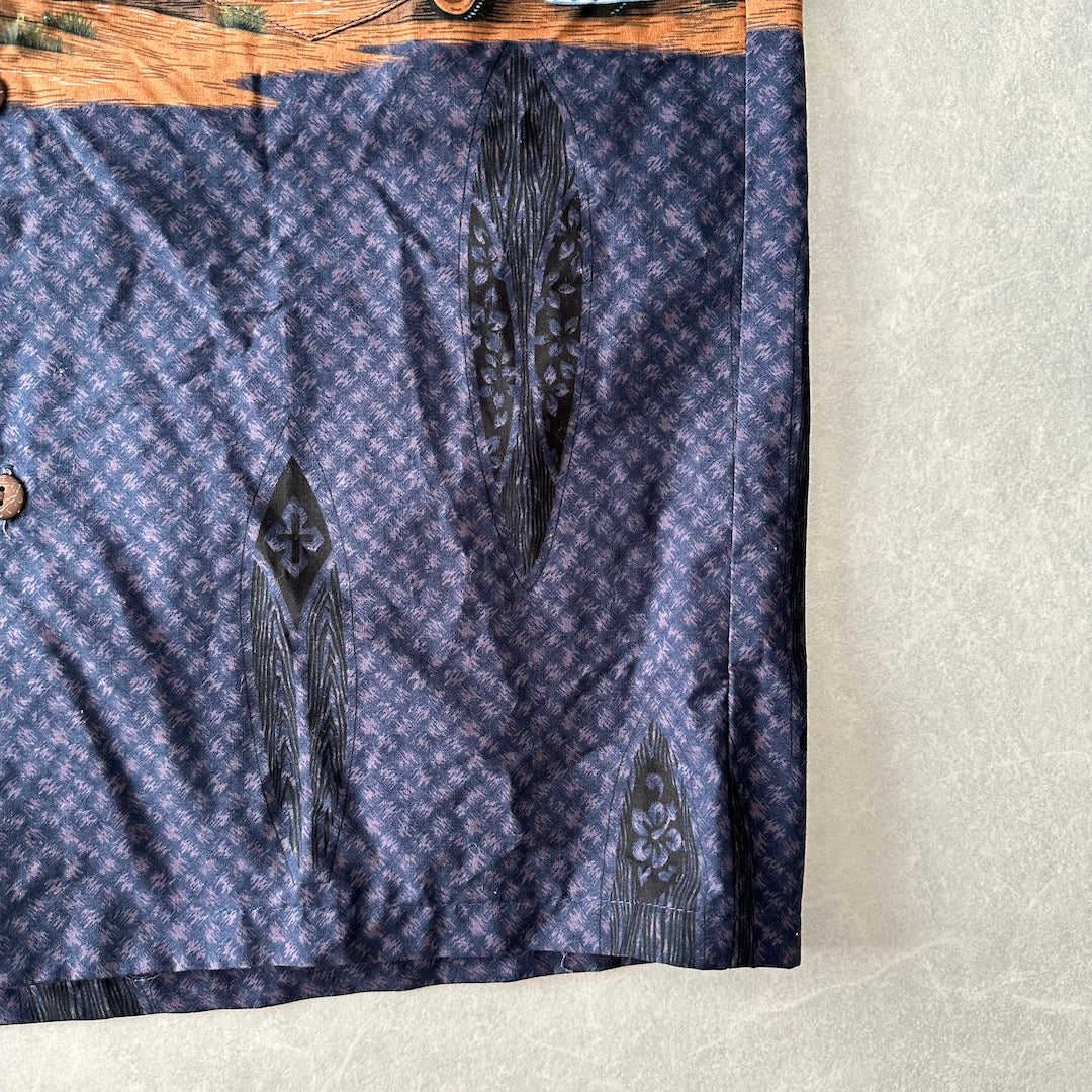 ヴィンテージ風ハワイアンサーフ柄半袖シャツ 総柄 S 古着 メンズ