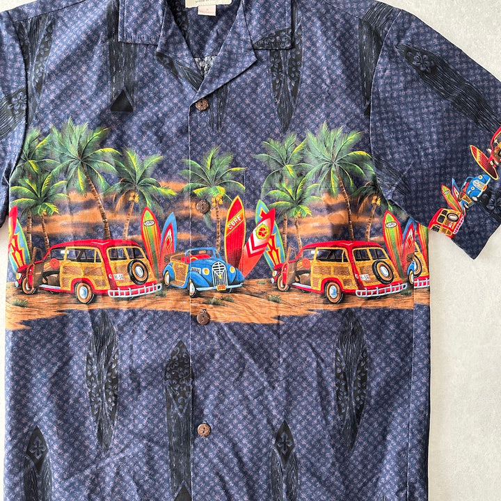 ヴィンテージ風ハワイアンサーフ柄半袖シャツ 総柄 S 古着 メンズ