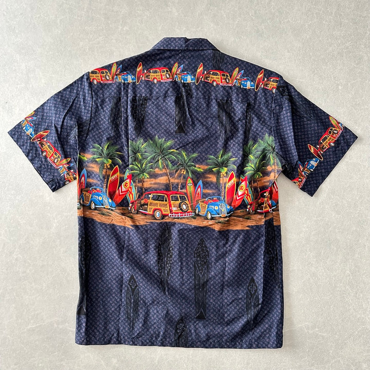 ヴィンテージ風ハワイアンサーフ柄半袖シャツ 総柄 S 古着 メンズ