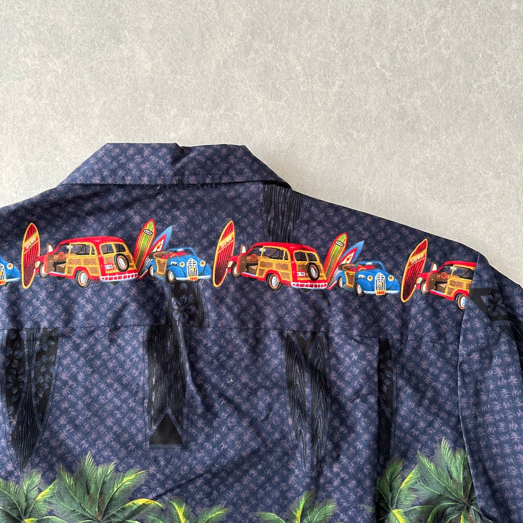 ヴィンテージ風ハワイアンサーフ柄半袖シャツ 総柄 S 古着 メンズ