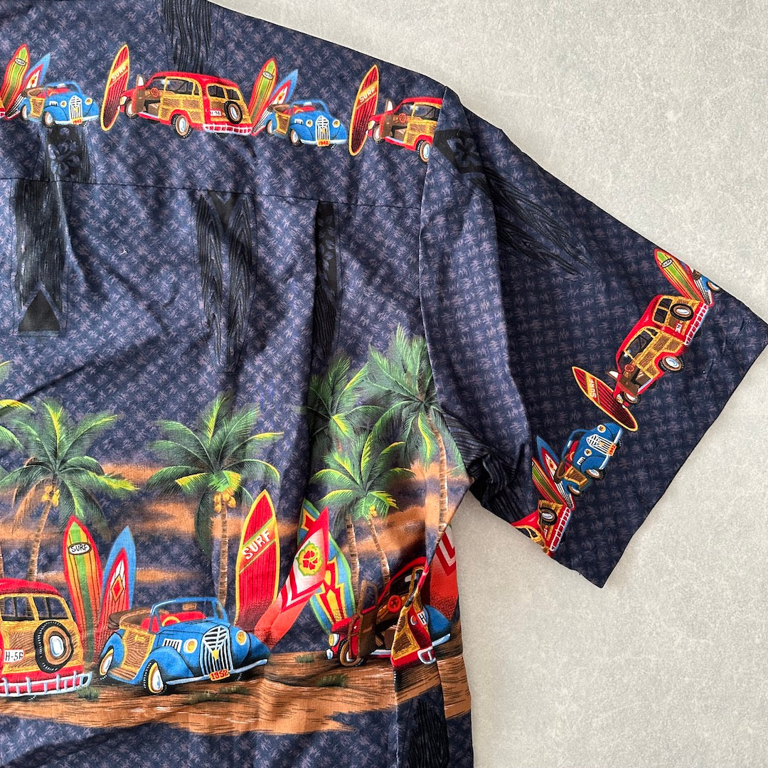 ヴィンテージ風ハワイアンサーフ柄半袖シャツ 総柄 S 古着 メンズ