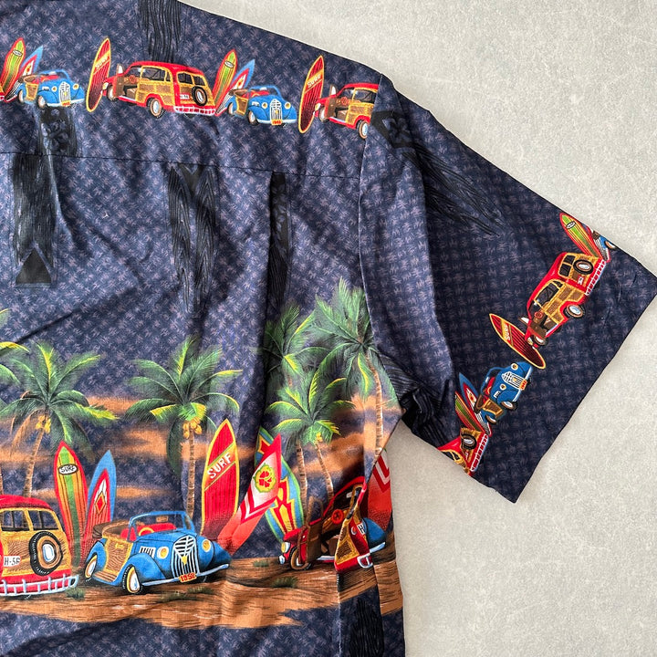 ヴィンテージ風ハワイアンサーフ柄半袖シャツ 総柄 S 古着 メンズ
