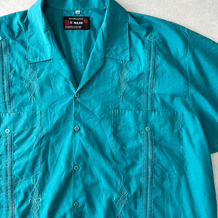 半袖開襟刺繍入りキューバシャツ グリーン 48 古着 メンズ