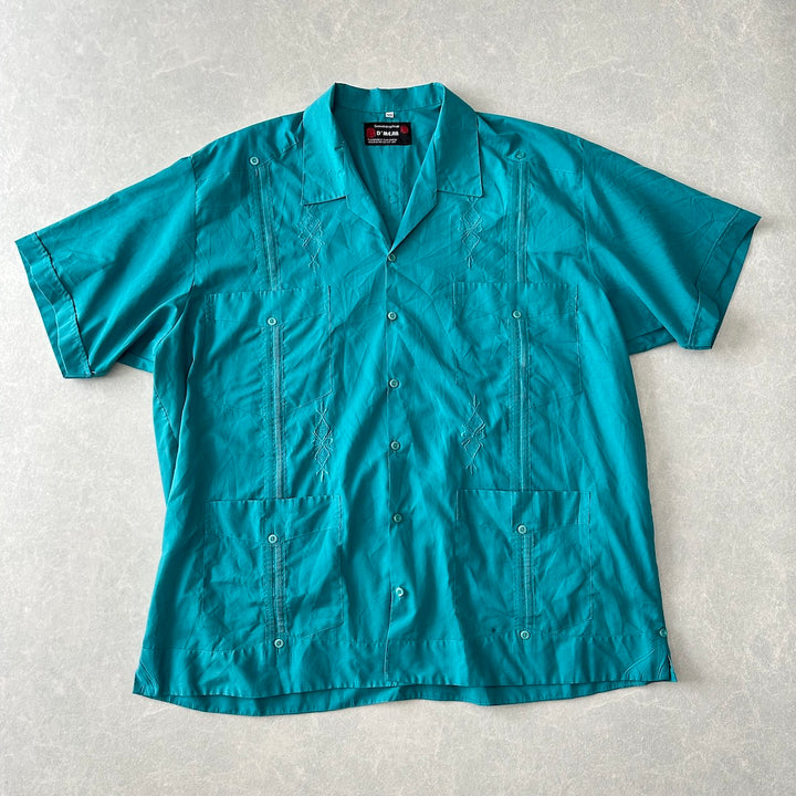 半袖開襟刺繍入りキューバシャツ グリーン 48 古着 メンズ