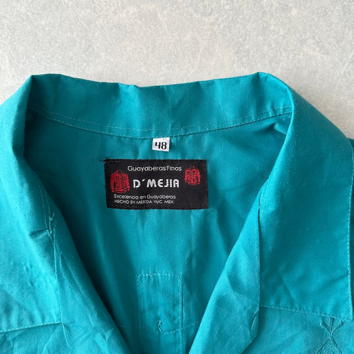 半袖開襟刺繍入りキューバシャツ グリーン 48 古着 メンズ