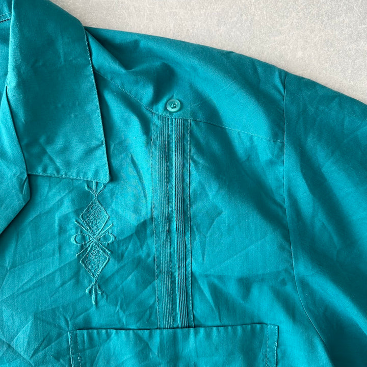 半袖開襟刺繍入りキューバシャツ グリーン 48 古着 メンズ