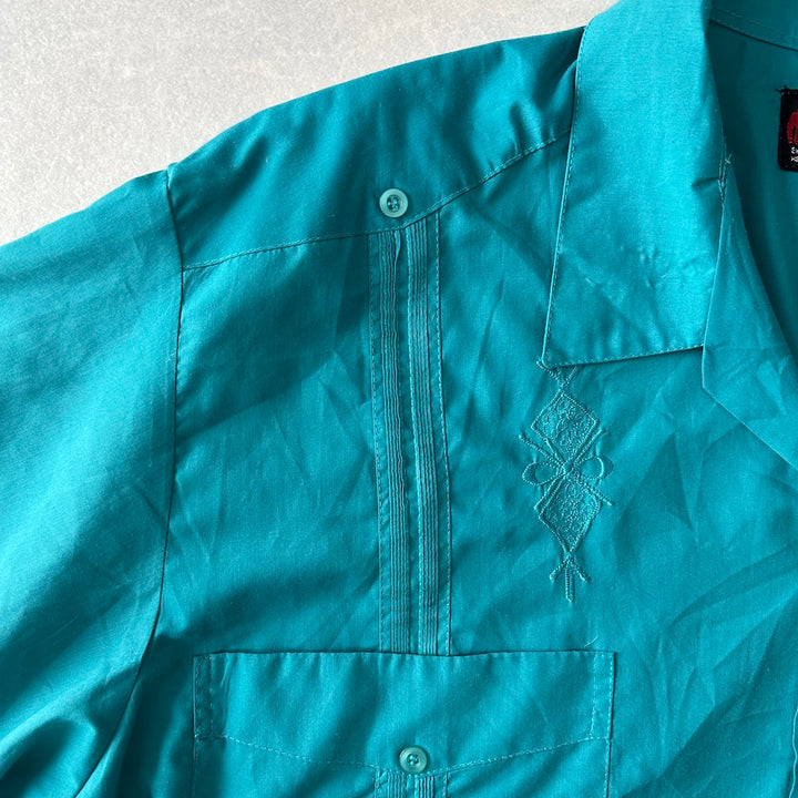 半袖開襟刺繍入りキューバシャツ グリーン 48 古着 メンズ