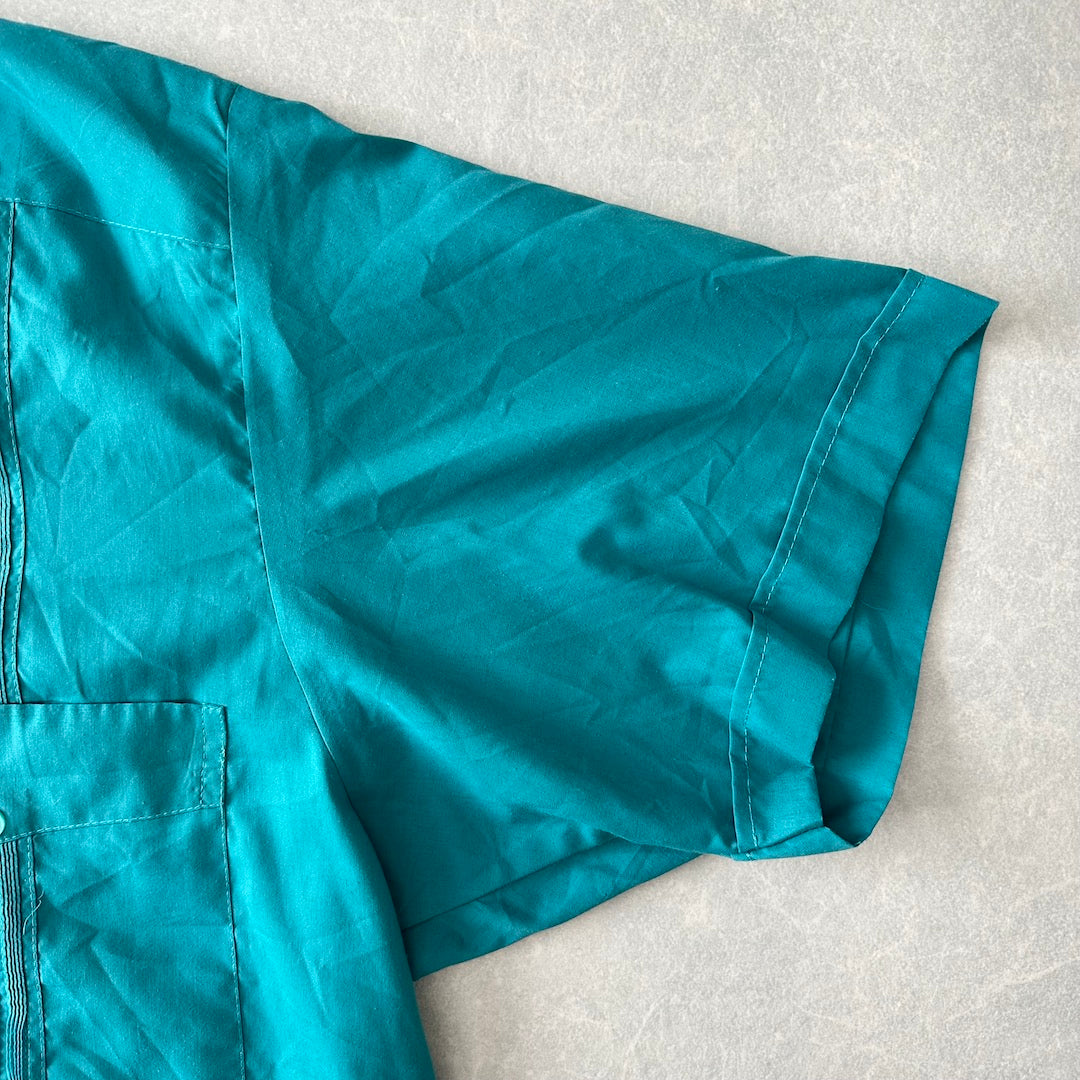 半袖開襟刺繍入りキューバシャツ グリーン 48 古着 メンズ