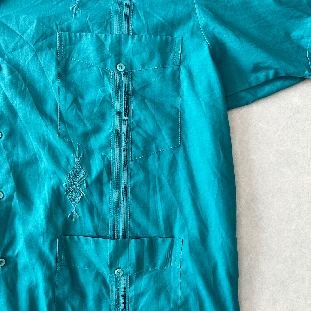 半袖開襟刺繍入りキューバシャツ グリーン 48 古着 メンズ