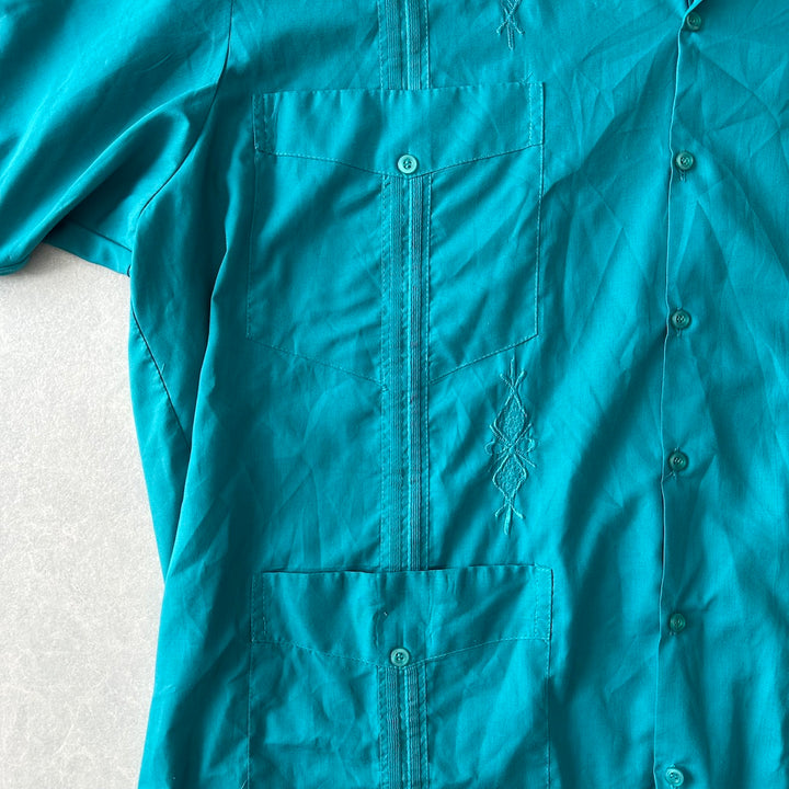 半袖開襟刺繍入りキューバシャツ グリーン 48 古着 メンズ