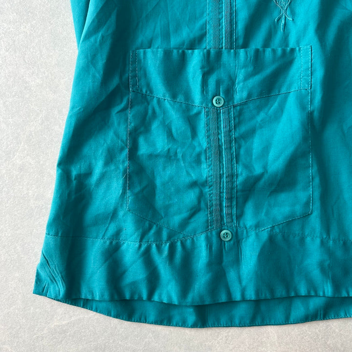 半袖開襟刺繍入りキューバシャツ グリーン 48 古着 メンズ