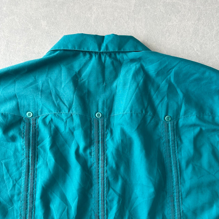 半袖開襟刺繍入りキューバシャツ グリーン 48 古着 メンズ