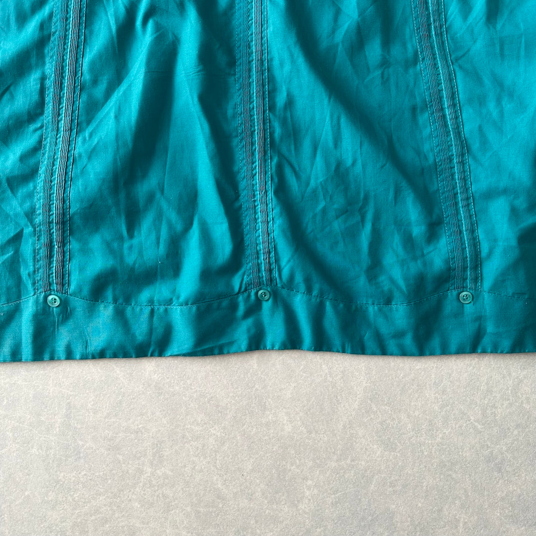 半袖開襟刺繍入りキューバシャツ グリーン 48 古着 メンズ