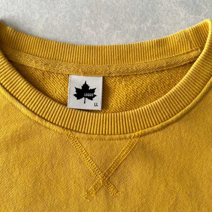 【LOGOS】ワンポイント刺繍クルーネックアウトドアスウェット イエロー LL 古着 メンズ