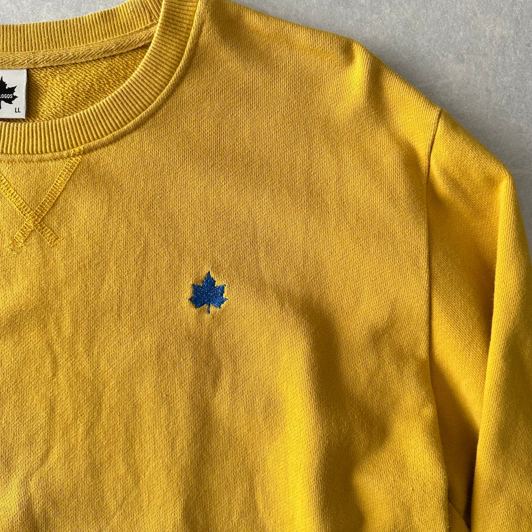【LOGOS】ワンポイント刺繍クルーネックアウトドアスウェット イエロー LL 古着 メンズ