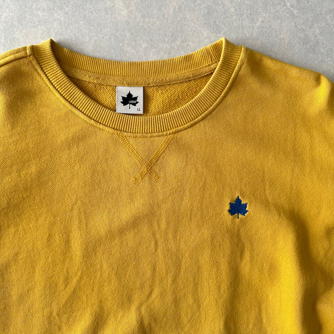 【LOGOS】ワンポイント刺繍クルーネックアウトドアスウェット イエロー LL 古着 メンズ