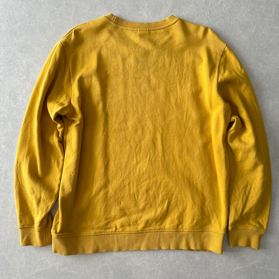 【LOGOS】ワンポイント刺繍クルーネックアウトドアスウェット イエロー LL 古着 メンズ