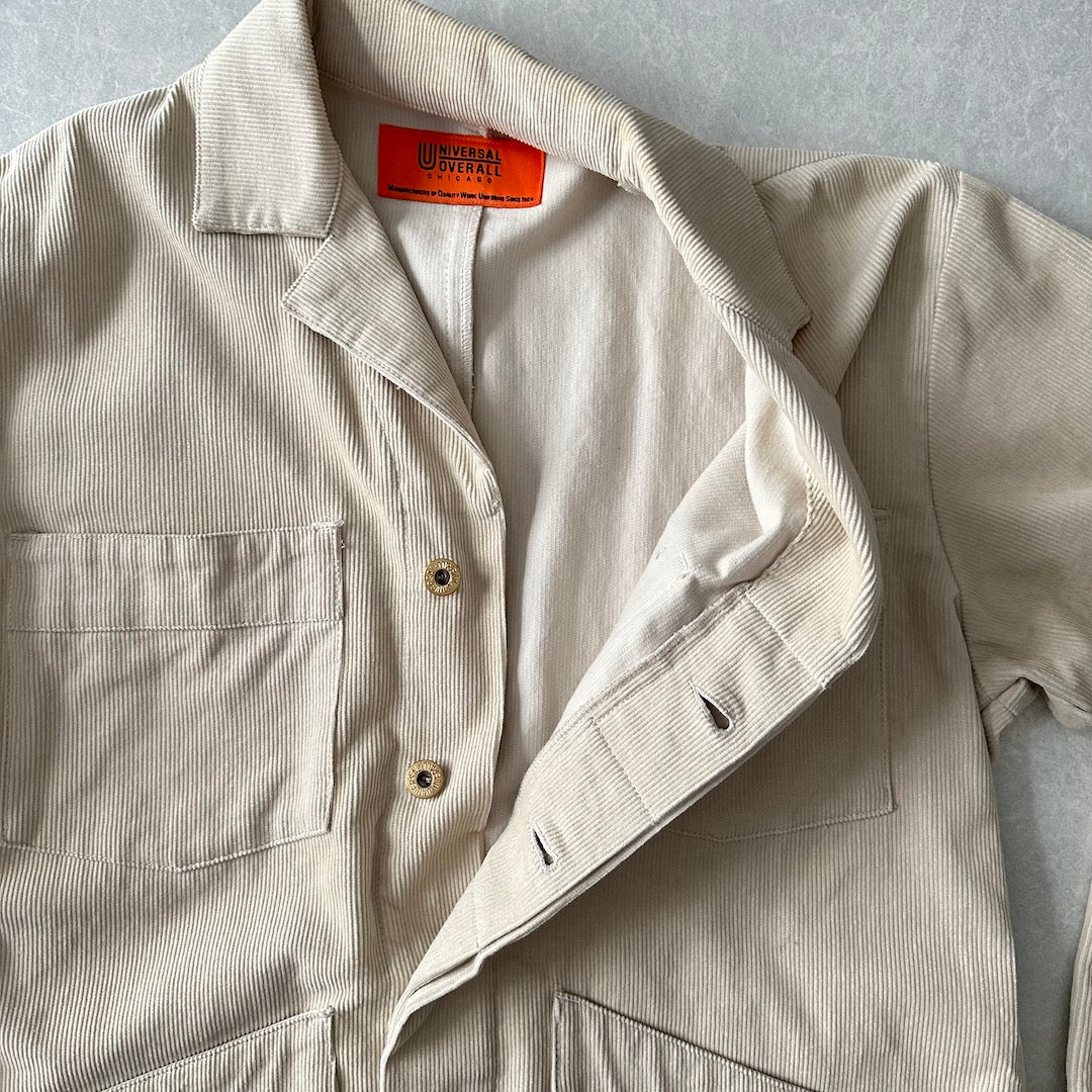 【UNIVERSAL OVERALL】コーデュロイロング丈コートカバーオール ベージュ F 古着 メンズ