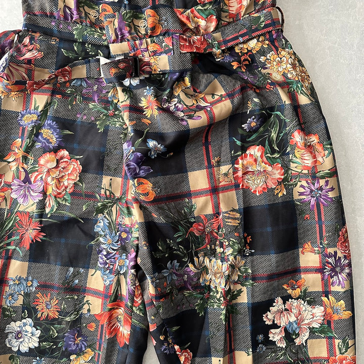 チェック花柄プリントワイドパンツ 総柄 M 古着 メンズ