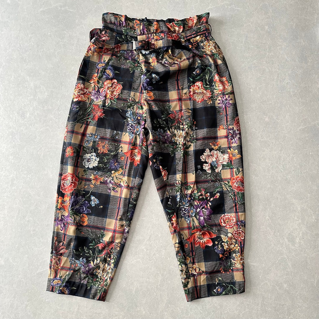チェック花柄プリントワイドパンツ 総柄 M 古着 メンズ