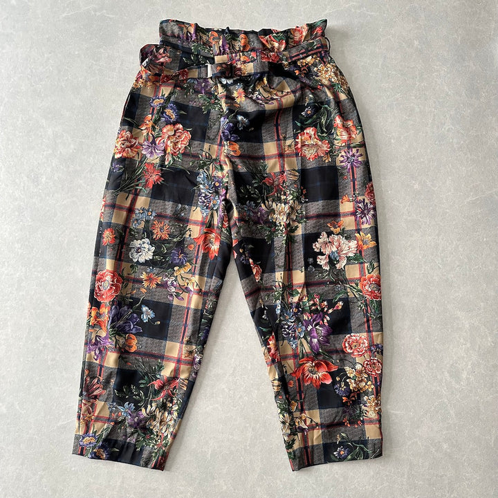 チェック花柄プリントワイドパンツ 総柄 M 古着 メンズ