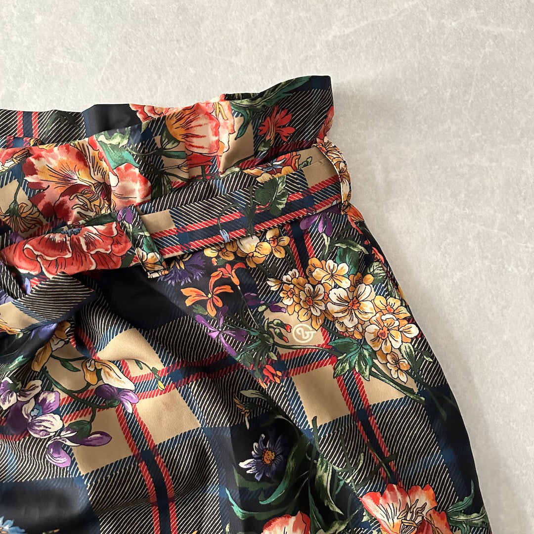 チェック花柄プリントワイドパンツ 総柄 M 古着 メンズ