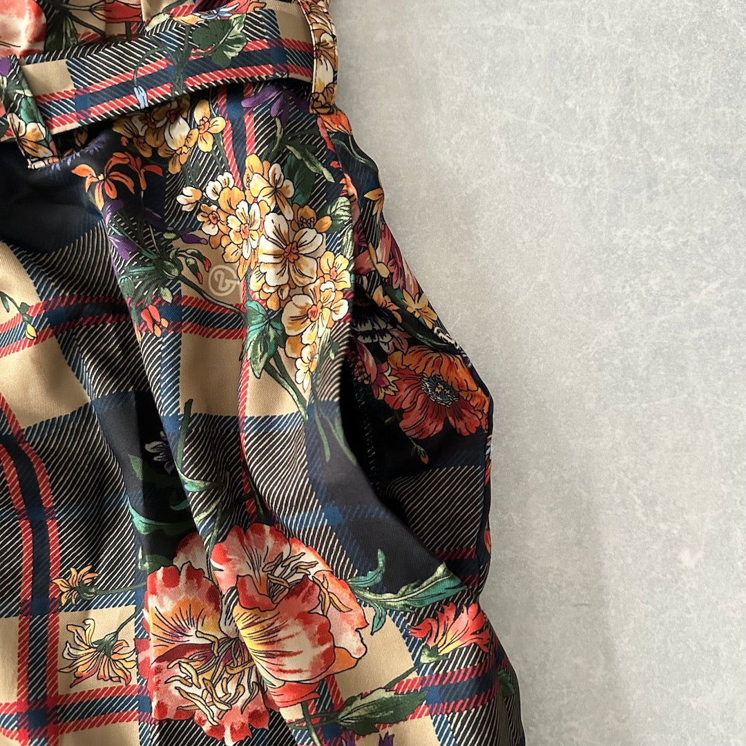 チェック花柄プリントワイドパンツ 総柄 M 古着 メンズ