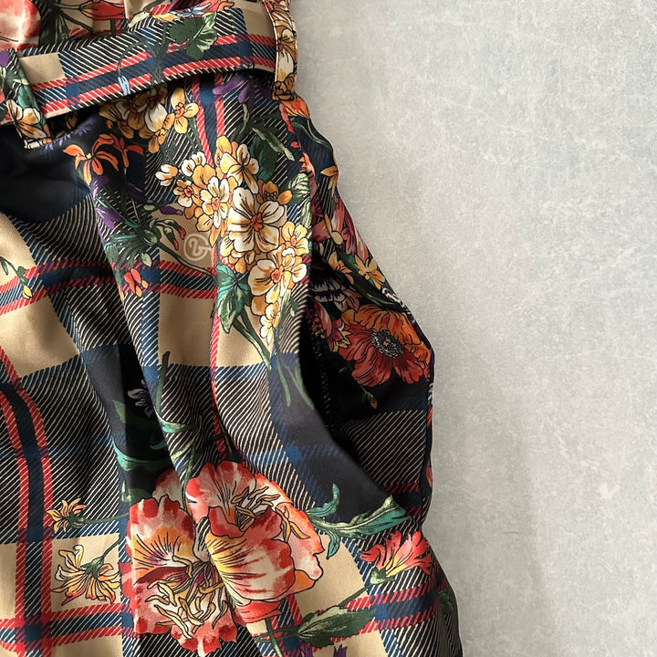 チェック花柄プリントワイドパンツ 総柄 M 古着 メンズ