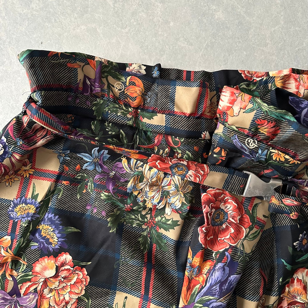 チェック花柄プリントワイドパンツ 総柄 M 古着 メンズ