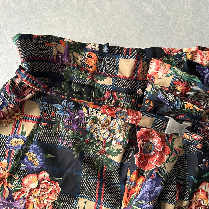 チェック花柄プリントワイドパンツ 総柄 M 古着 メンズ