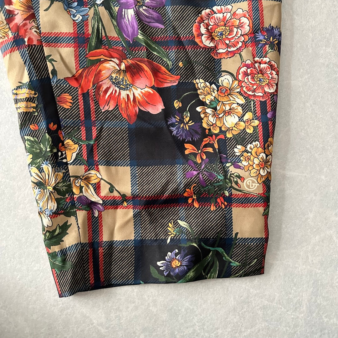 チェック花柄プリントワイドパンツ 総柄 M 古着 メンズ