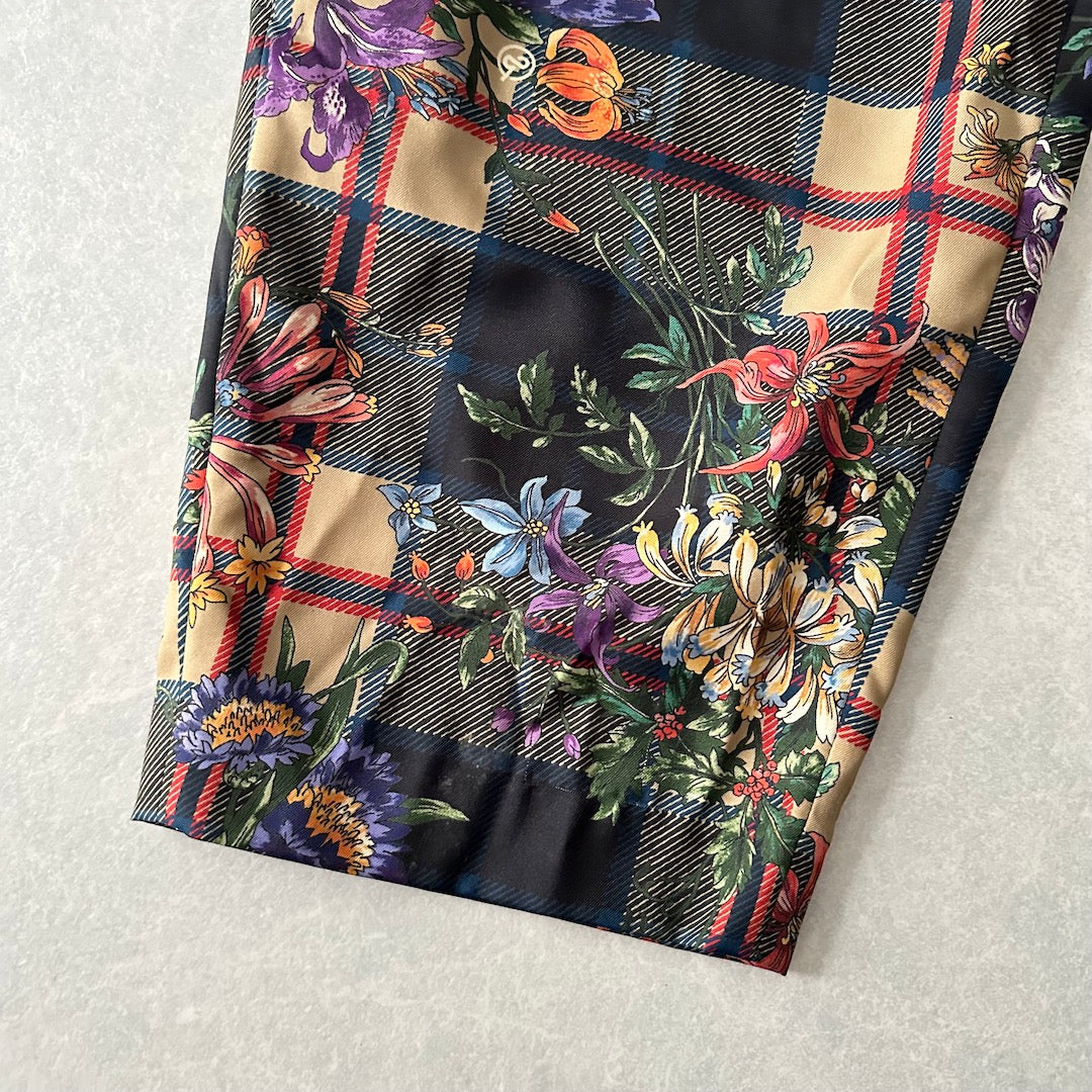 チェック花柄プリントワイドパンツ 総柄 M 古着 メンズ