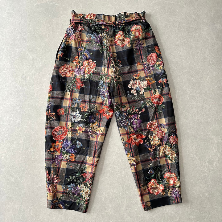 チェック花柄プリントワイドパンツ 総柄 M 古着 メンズ