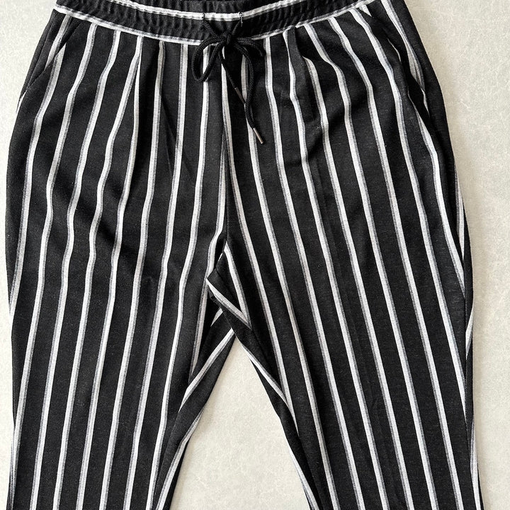 モノクロストライプ柄ストレッチイージーパンツ ストライプ柄 XL 古着 メンズ
