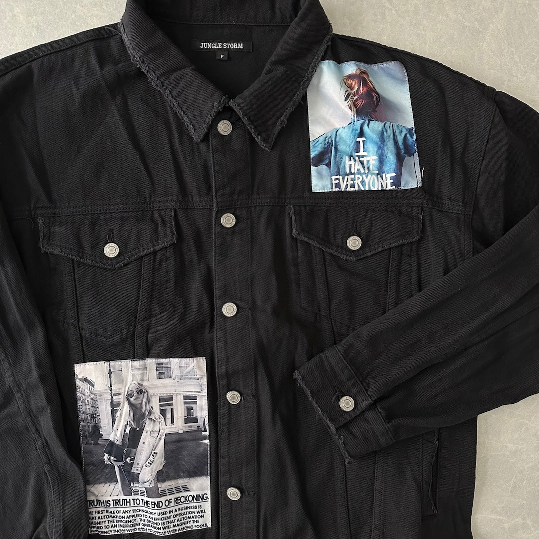 フォトプリントブラックデニムジャケット ブラック F 古着 メンズ