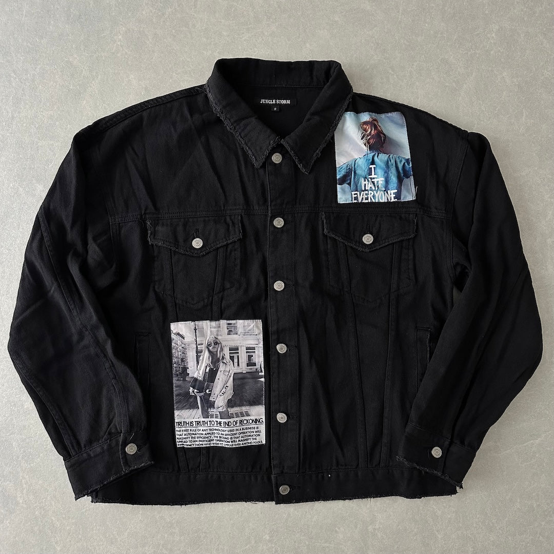 フォトプリントブラックデニムジャケット ブラック F 古着 メンズ
