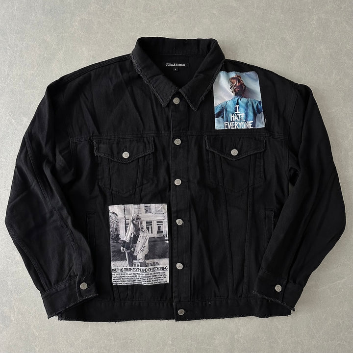 フォトプリントブラックデニムジャケット ブラック F 古着 メンズ